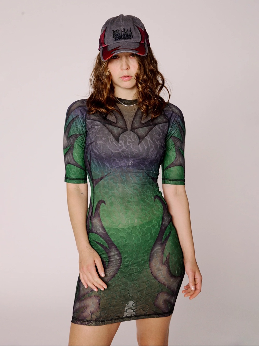 PUMA x Aries Mesh Bodycon Mini Dress Green Y2K Cyber Fairy Grunge Semi Sheer S